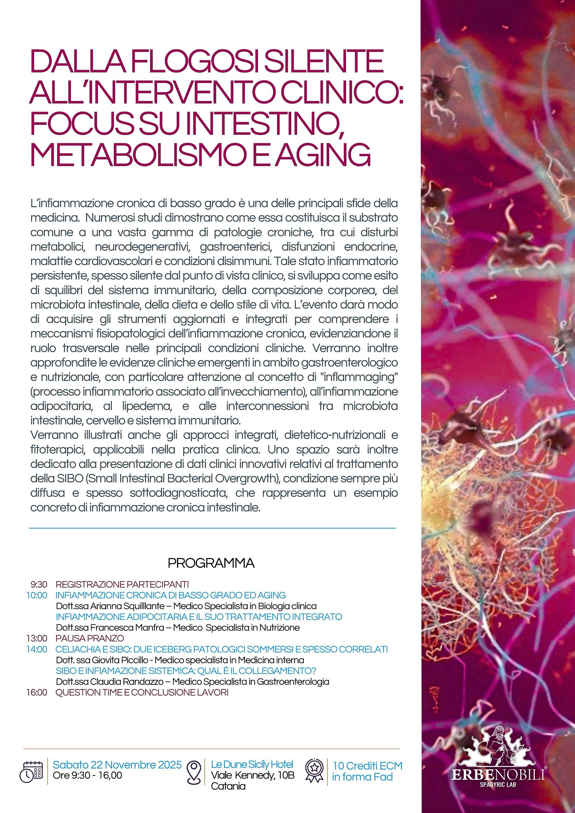 CATANIA- DALLA FLOGOSI SILENTE ALL’INTERVENTO CLINICO: FOCUS SU INTESTINO, METABOLISMO E AGING